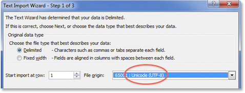 Excel Text Import Wizard encoding
