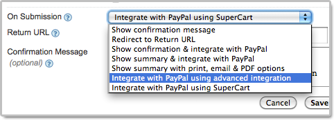 Select Advanced PayPal Integration in the Form Builder