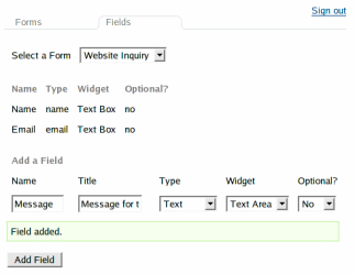 Adding fields to a form with the Form Builder. The form is online as soon as it contains at least one field.