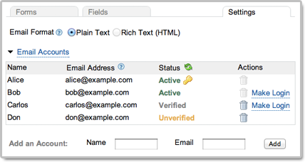 Online Form Recipient Settings
